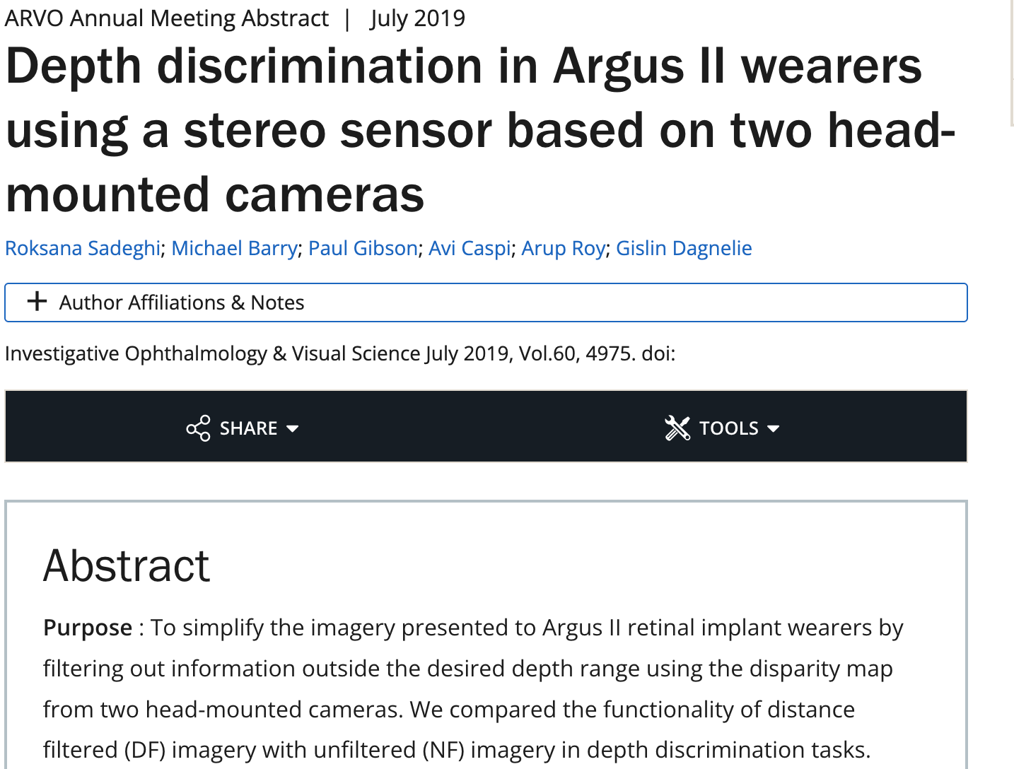 Depth discrimination in Argus II wearers using a stereo sensor based on two head-mounted cameras